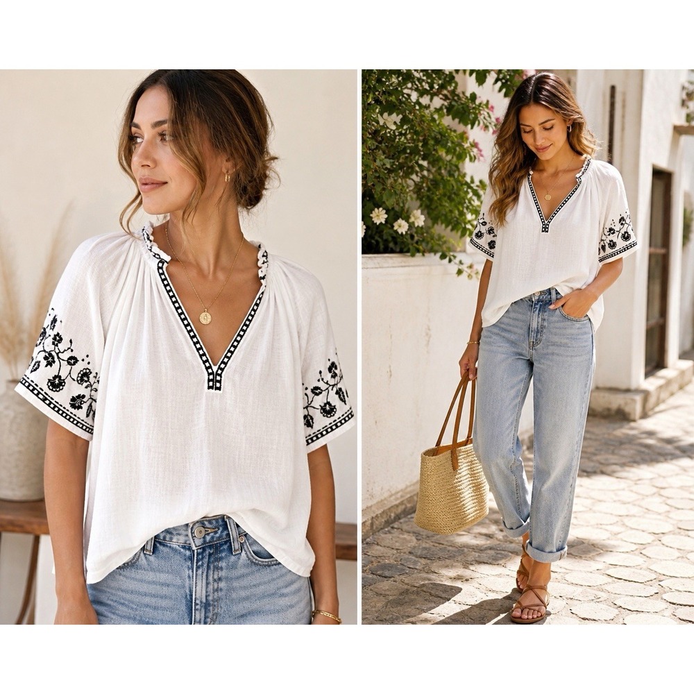 Old Navy White Embroidered Boho Blouse Women Medium V Neck Peasant Top